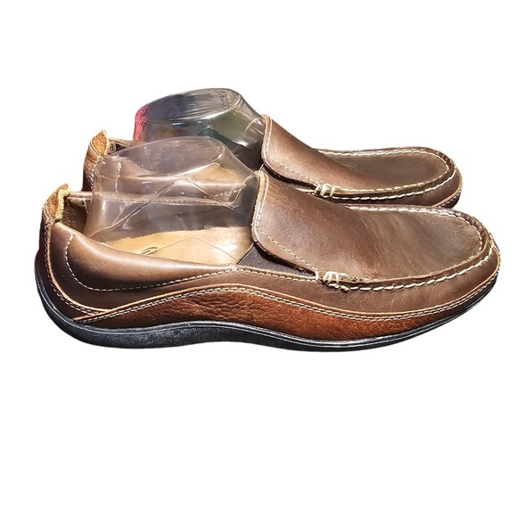 Mens Lands End Brown Leather Slip On Loafers Shoes 9D 400741 White Stitching